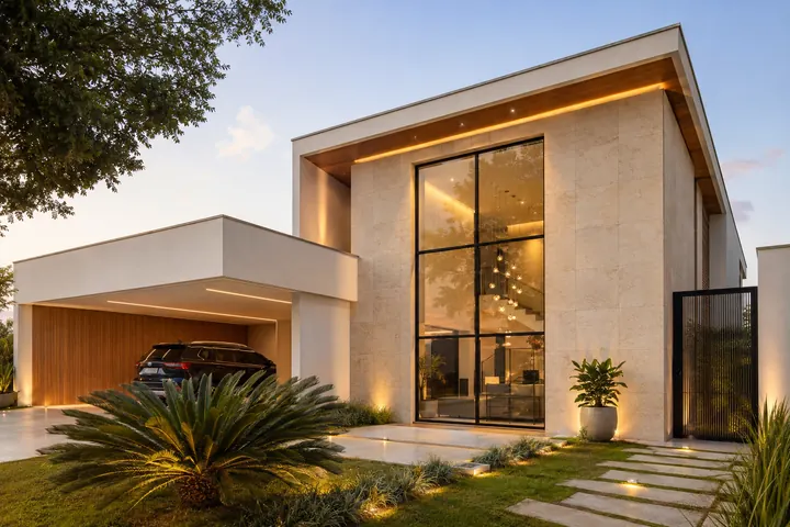 Fachada contemporânea revestida em Travertino Egípcio