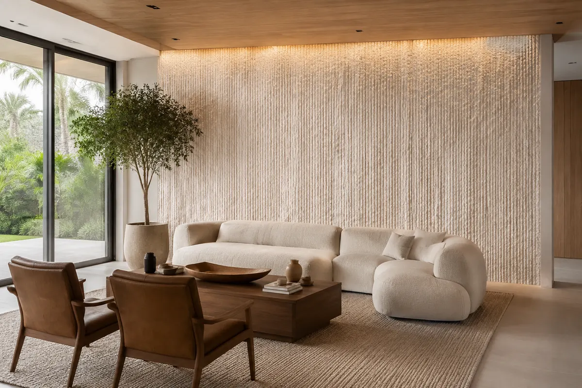 Sala contemporânea com painel de Travertino Egípcio Rizzo iluminado