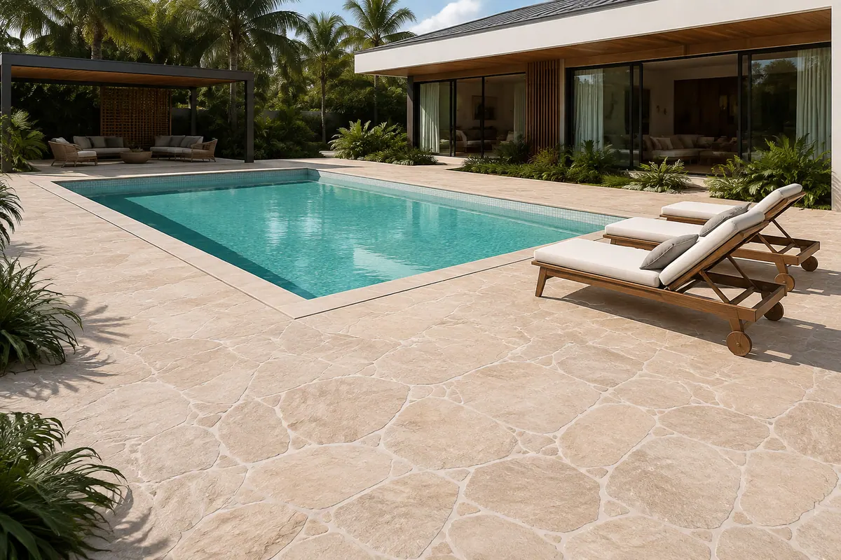 Área de piscina com piso em Travertino Romano Irregular de paginação orgânica