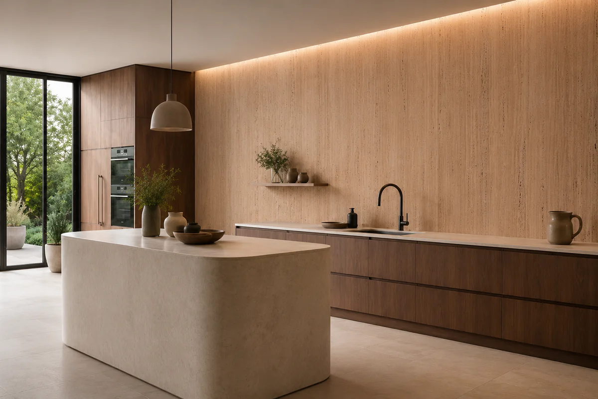 Cozinha contemporânea com parede e ilha revestidas em Travertino Romano Rizzo