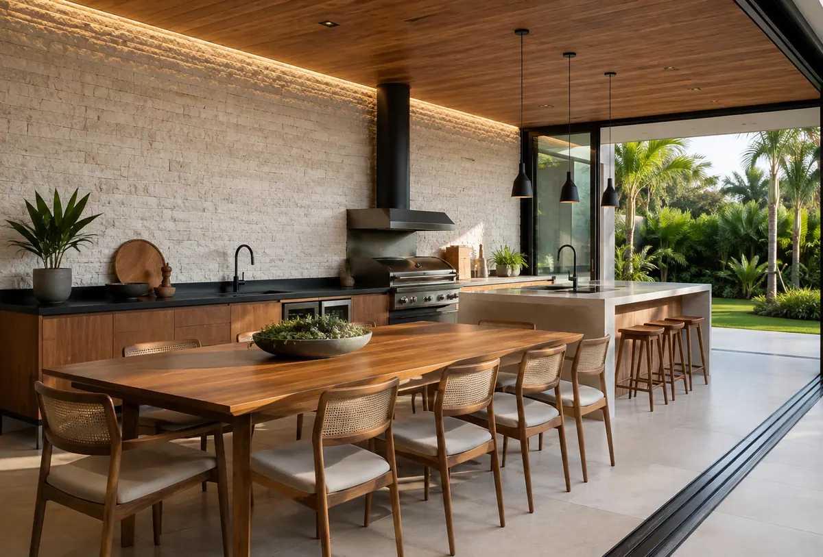 Área gourmet revestida com Travertino Romano Rockface de relevo tridimensional